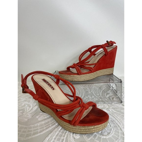 PRADA Red Suede Espadrille Wedges Sz 35 (Read Description) - Picture 1 of 11